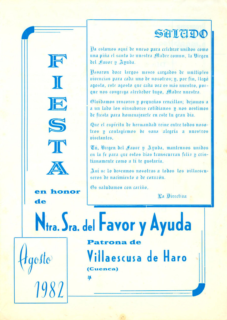 Fiestas patronales en honor a Nuestra Señora de Favor y Ayuda y el Santísimo Cristo de la Expiración 1982 Villaescusa de Haro